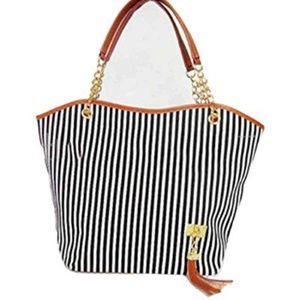 Black Canvas Stripe Design Women Snap Purse Tote